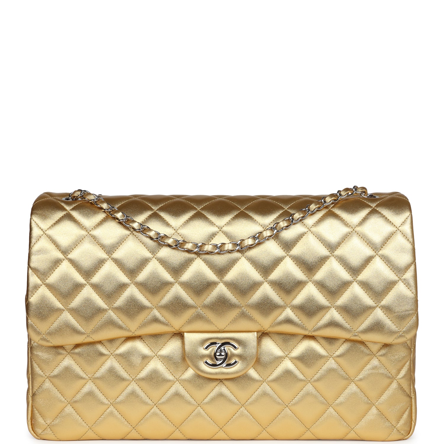 Chanel XXL Flap Bag Gold Metallic Lambskin Silver Hardware