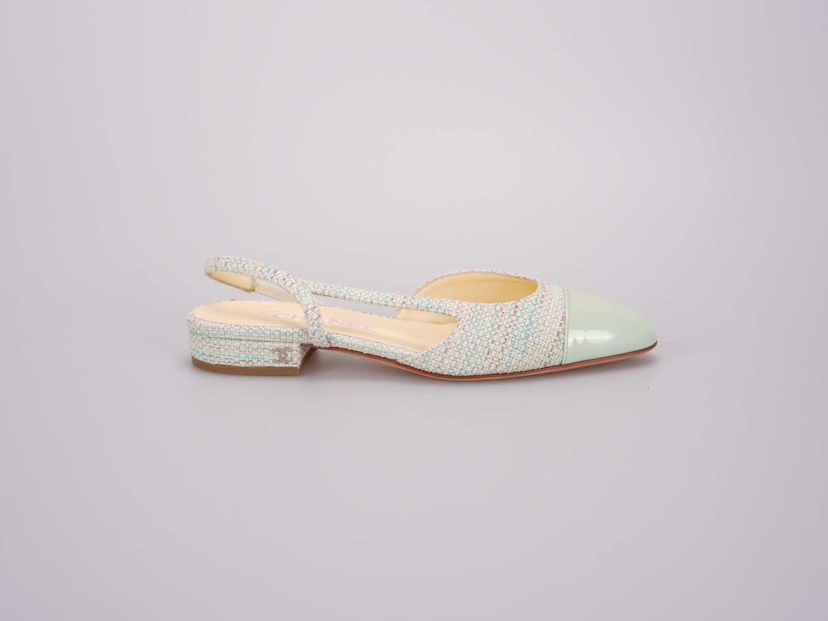 Chanel Light Green Tweed Slingback Patent Cap Toe Ballerinas 36