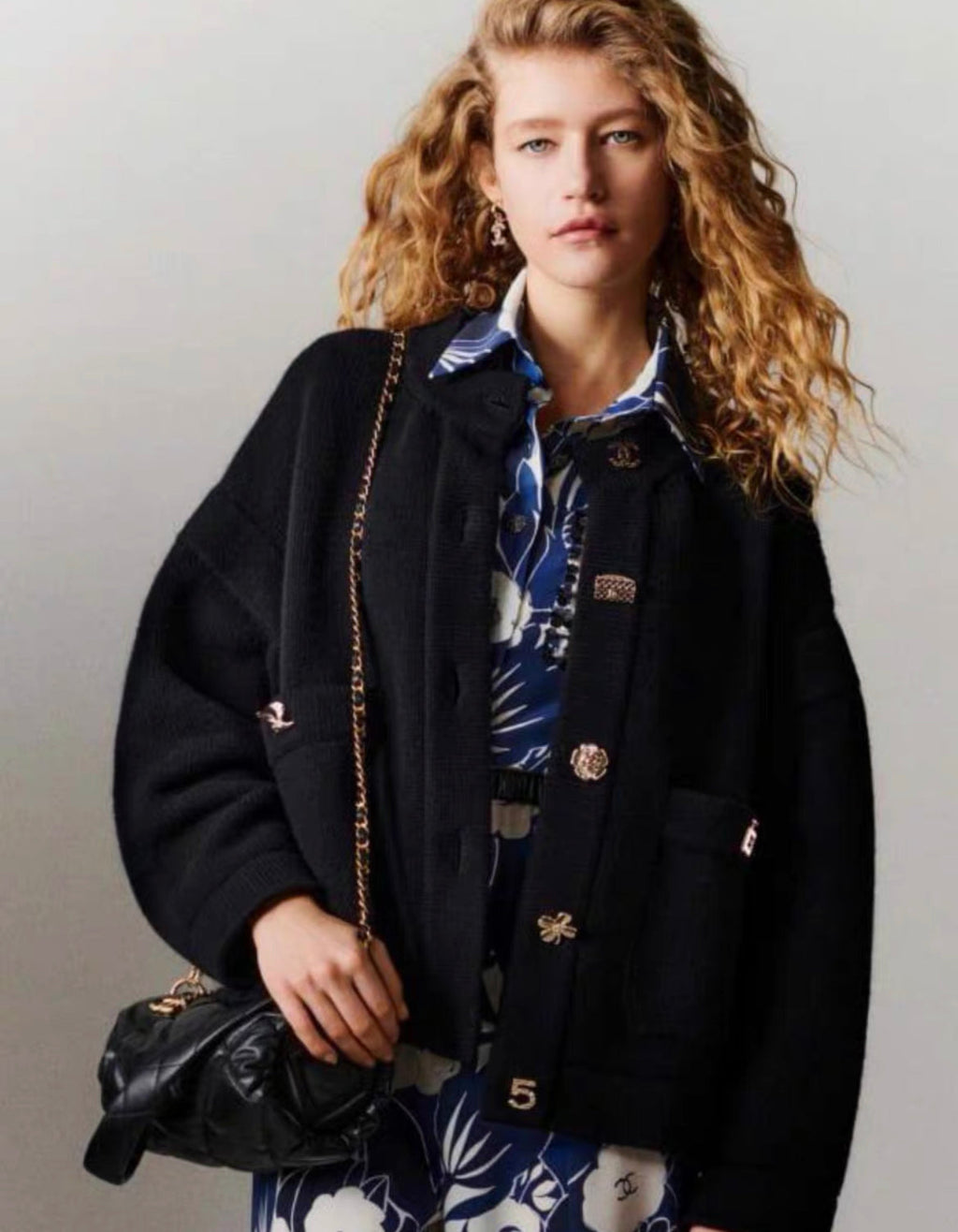 Chanel 22B multi-element cashmere igan, black with light gold metal buttons