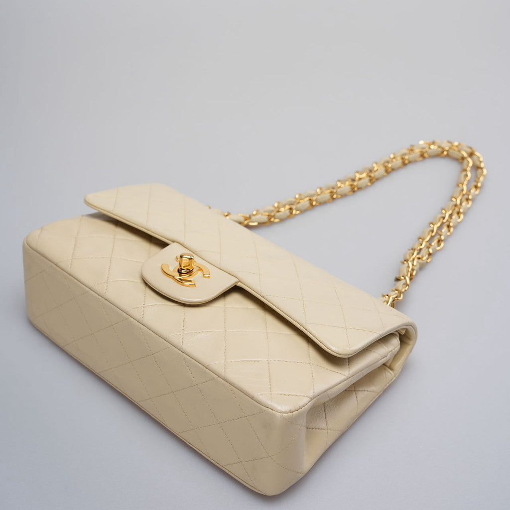 Chanel Vintage Small Classic Double Flap Bag in Beige with 24K Gold Hardware