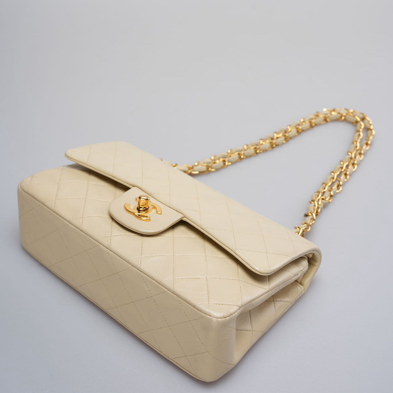 Chanel Vintage Small Classic Double Flap Bag in Beige with 24K Gold Hardware