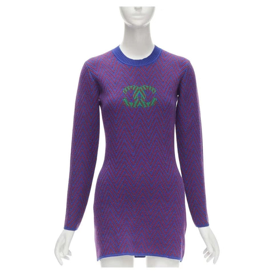 CHANEL 100% cashmere blue red chevron green CC logo crystal brooch dress FR40