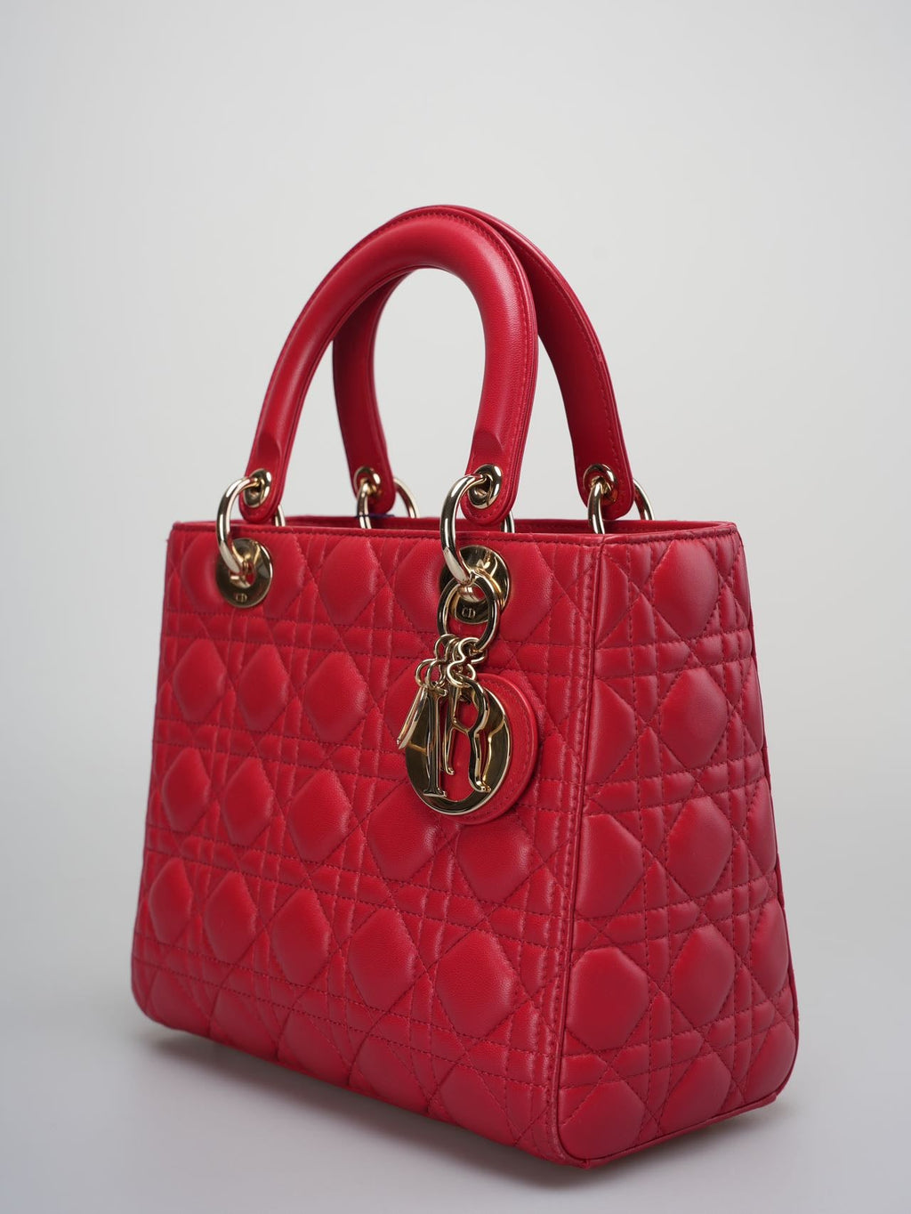Christian Dior Red Medium Lady Dior Bag in Cannage Lambskin Leather with Gold Hardware