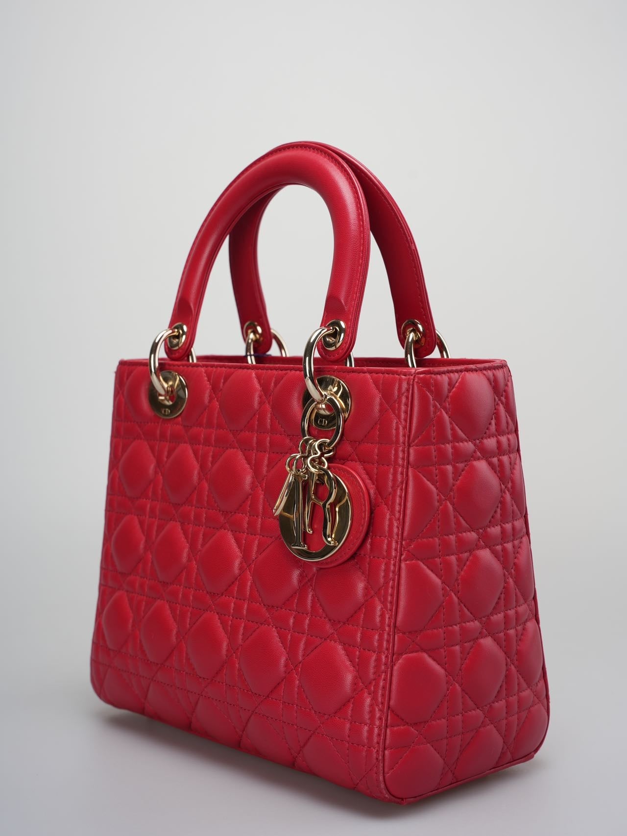 Christian Dior Red Medium Lady Dior Bag in Cannage Lambskin Leather with Gold Hardware