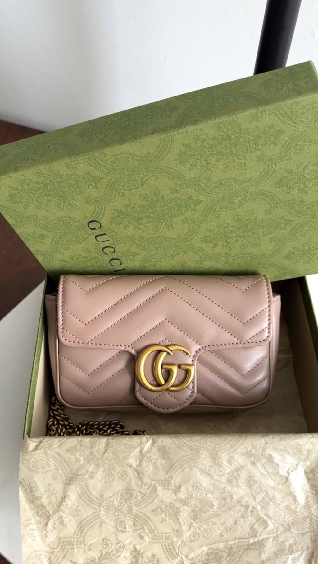 Gucci Marmont Super Mini Beige Leather Crossbody Chain Bag
