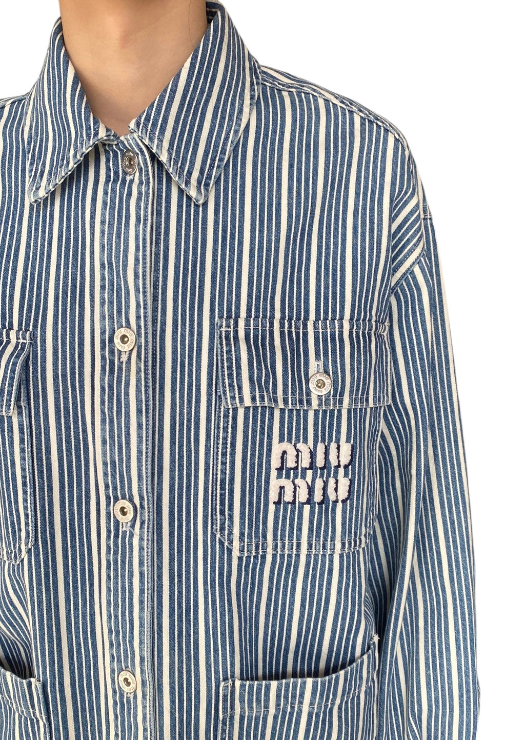 Miu Miu Blue Denim Striped Logo Jacket - 40 / US 6