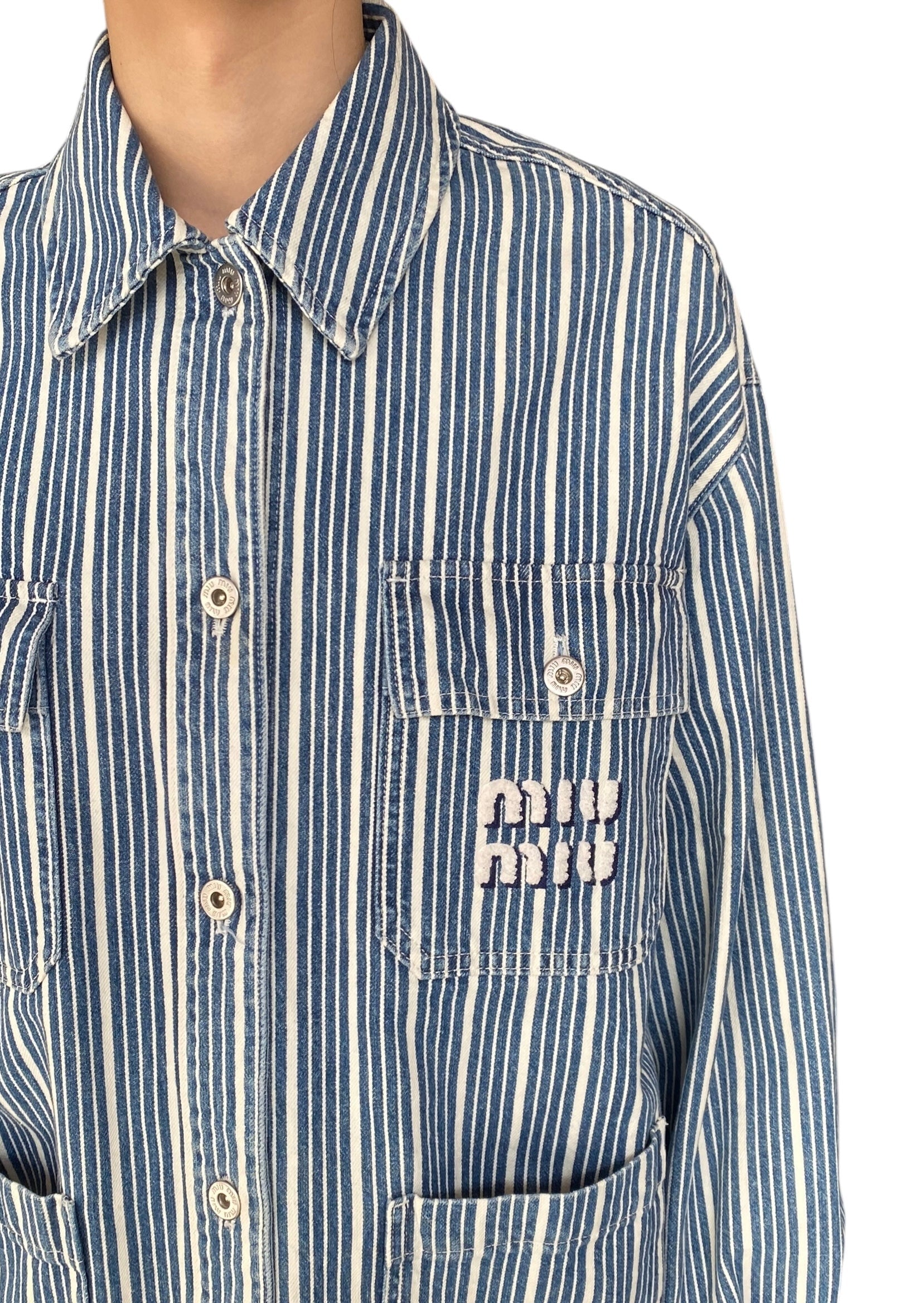 Miu Miu Blue Denim Striped Logo Jacket - 40 / US 6
