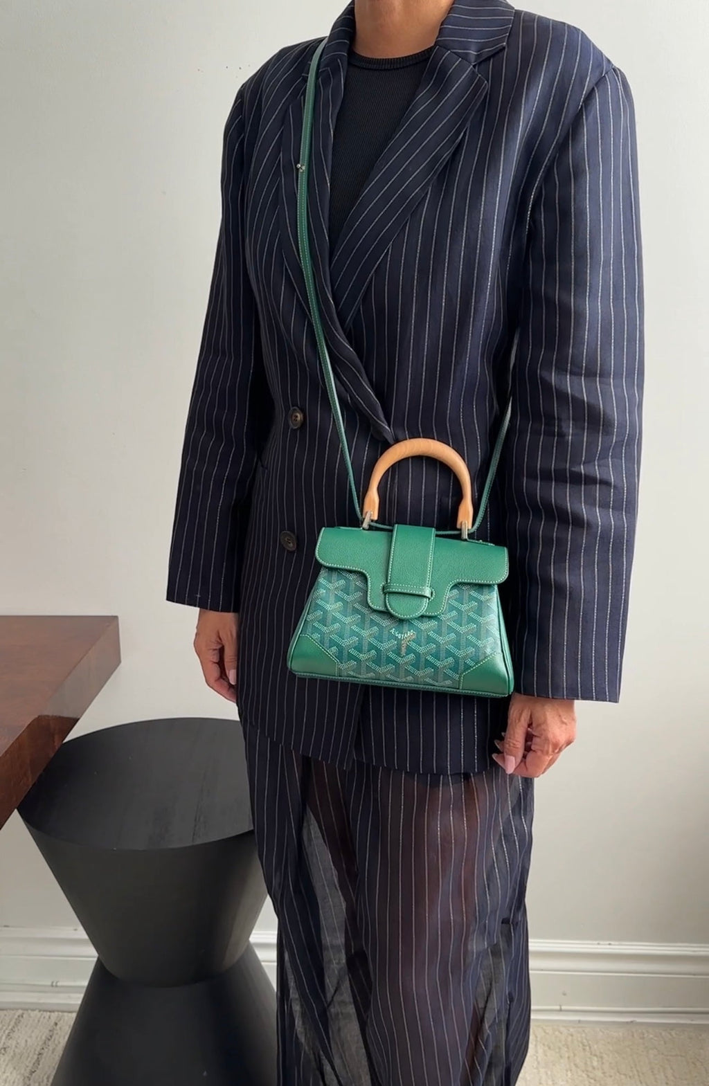 Goyard Green Mini Goyardine Saigon Souple with Wood Handle