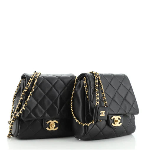 Chanel Lambskin Quilted Side Packs Black Small Double Bag with Pearls Chain with CC Logo