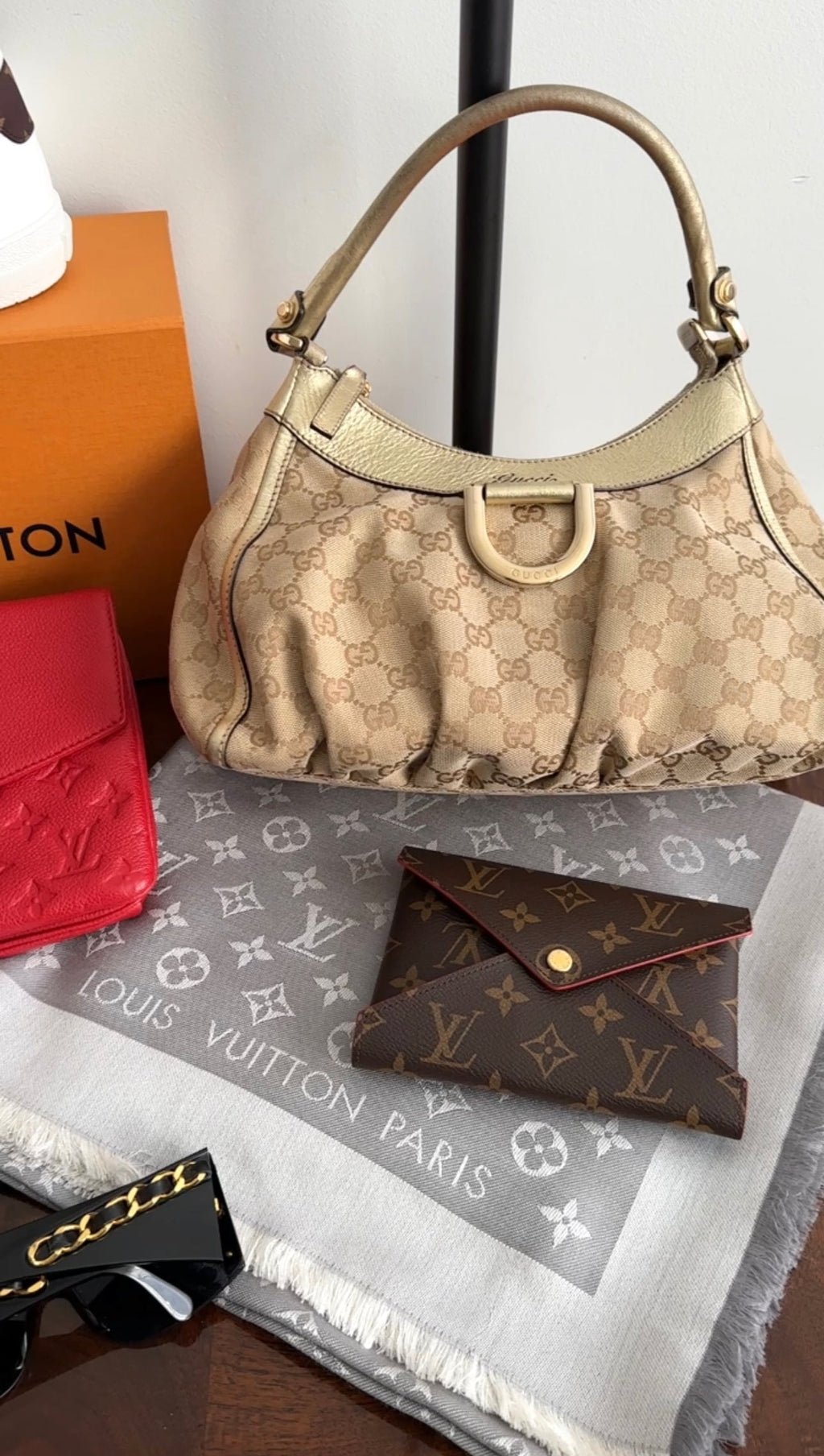 Gucci Monogram Canvas Gold Small D Ring Hobo Bag
