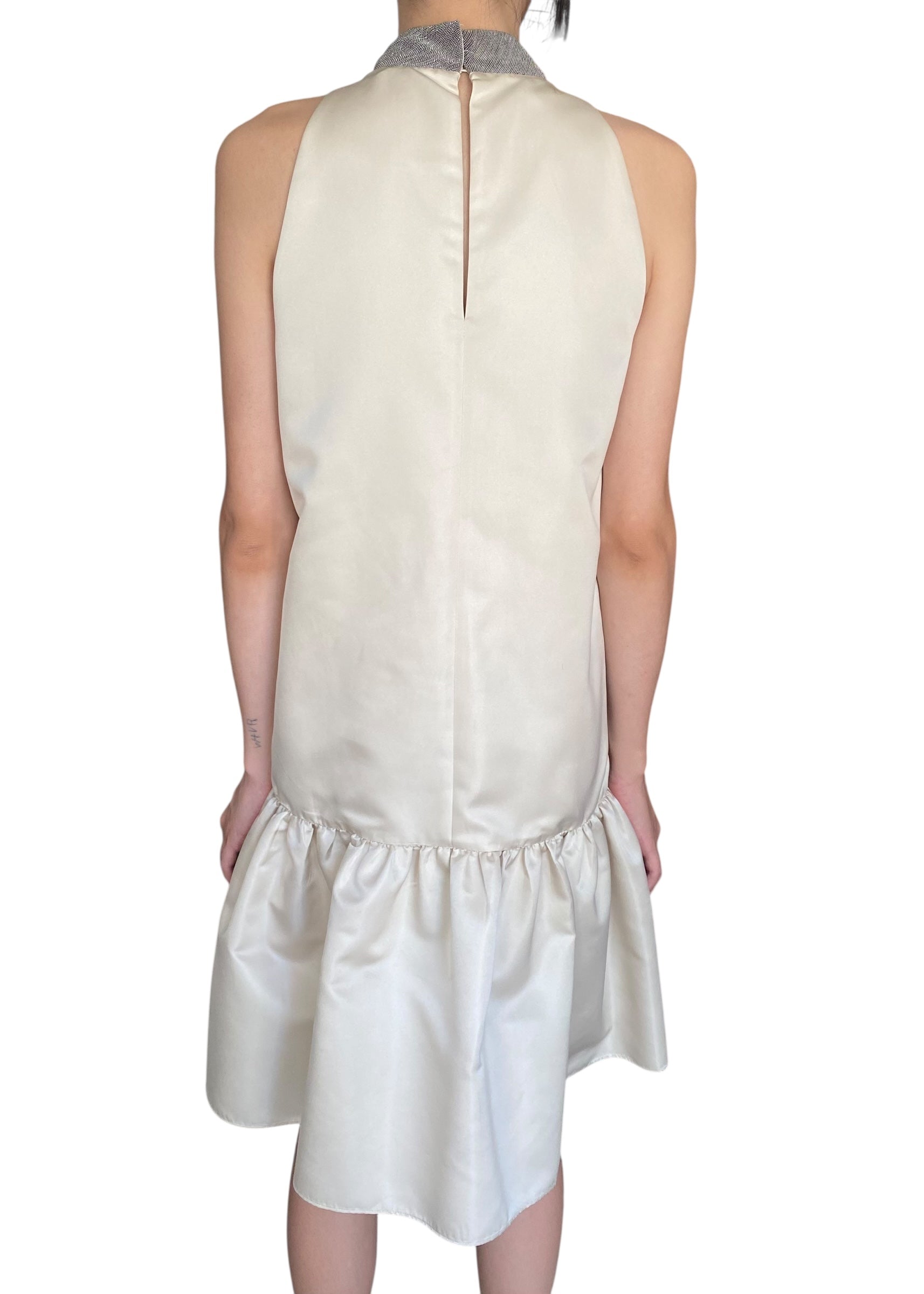Brunello Cucinelli Ivory Monili Neck Satin Ruffle Dress - XL