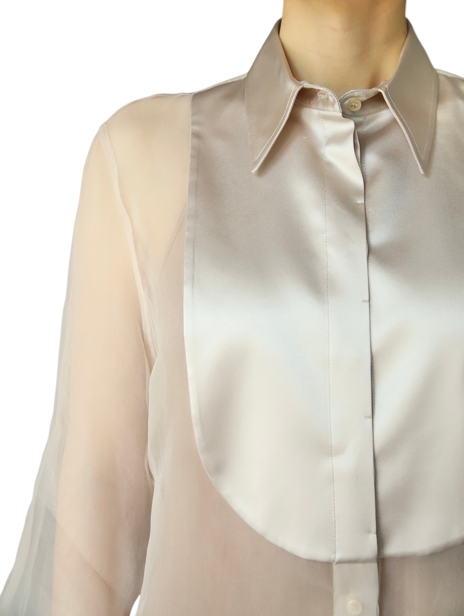 Brunello Cucinelli Beige Sheer Silk Tux Shirt - M