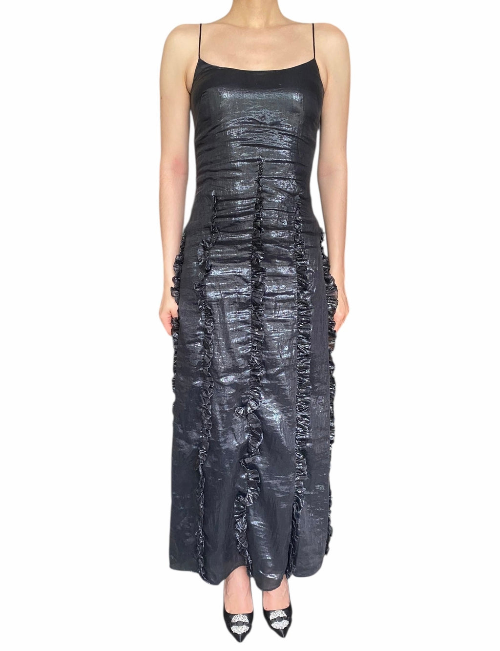 Gucci Tom Ford Black Metallic Ruffle  Slip Gown - IT 42 / US 4