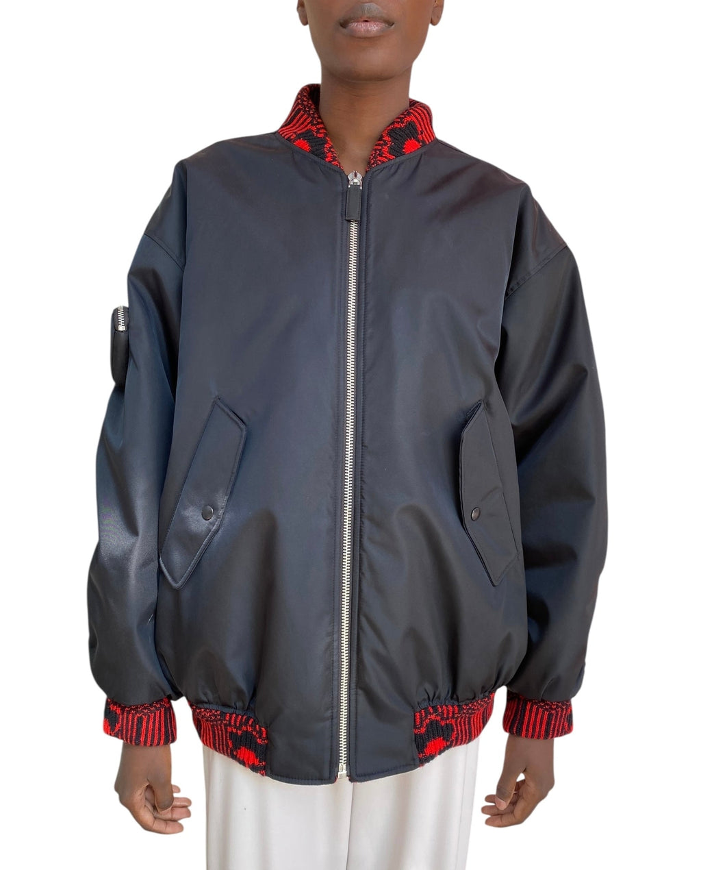 Prada 2021 Black Re-Nylon Knit Bomber Jacket - XS