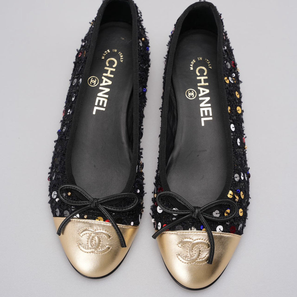 Chanel Black Sequin Ballet Flats with Gold Cap Toe size 35.5