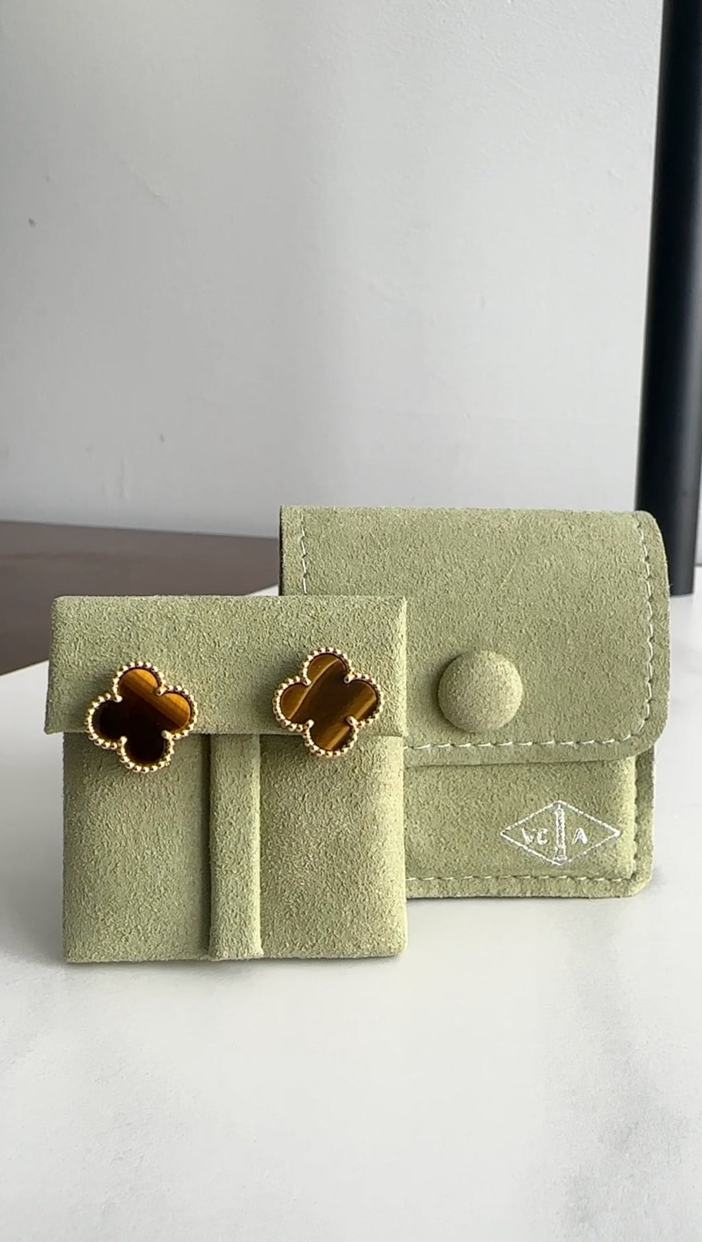 Van Cleef & Arpels 18k Yellow Gold Vintage Alhambra Tiger's Eye Earrings