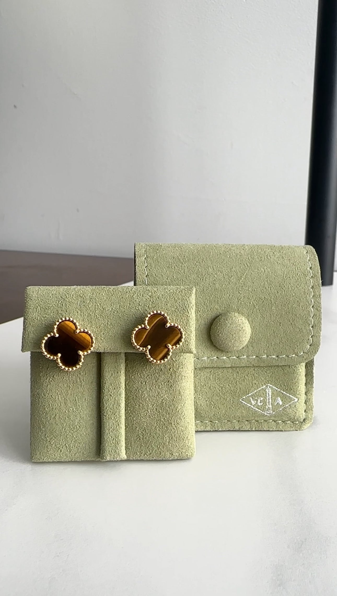 Van Cleef & Arpels 18k Yellow Gold Vintage Alhambra Tiger's Eye Earrings