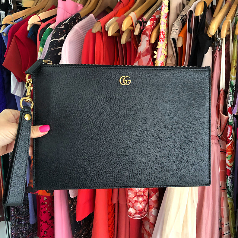 Gucci 2019 Marmont Black Leather GG Portfolio Clutch Bag