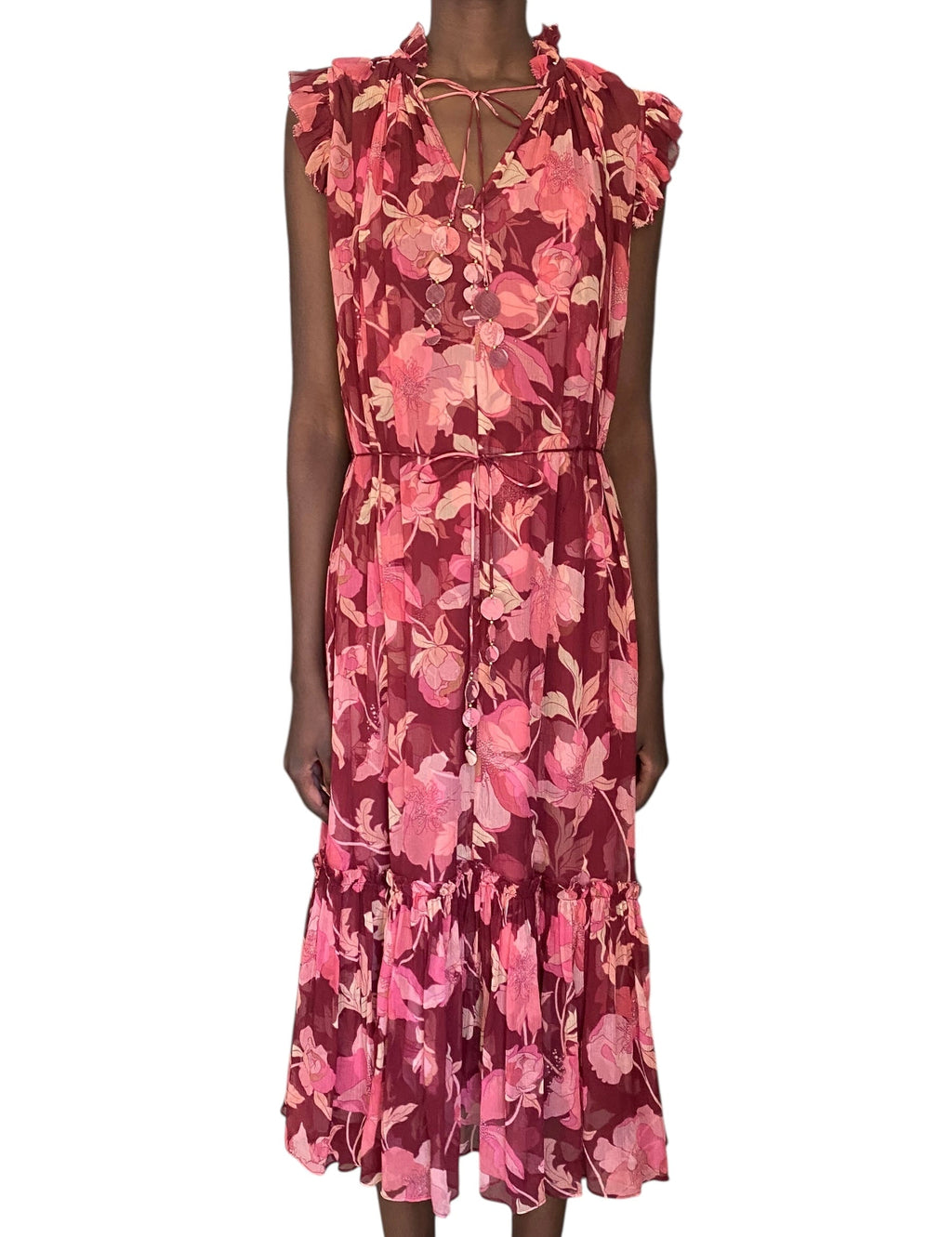 Zimmerman Burgundy Floral Silk Concert Flutter Maxi Dress - 2