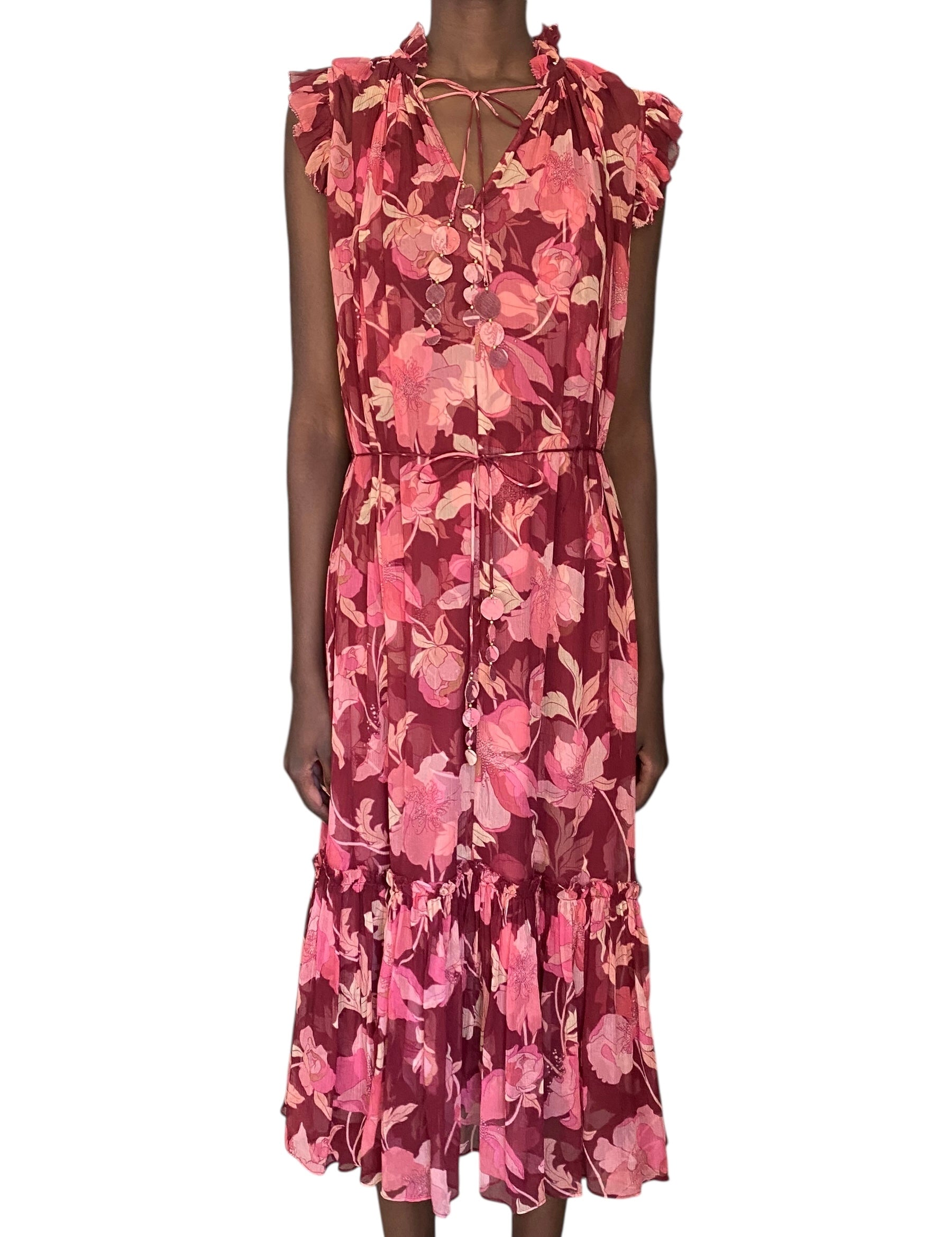 Zimmerman Burgundy Floral Silk Concert Flutter Maxi Dress - 2