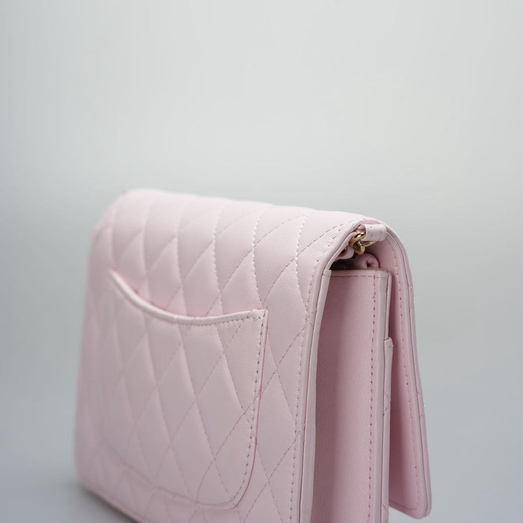 Chanel Baby Pink Wallet on Chain (WOC) in Quilted Lambskin with Pearl Chain – Gold Hardware