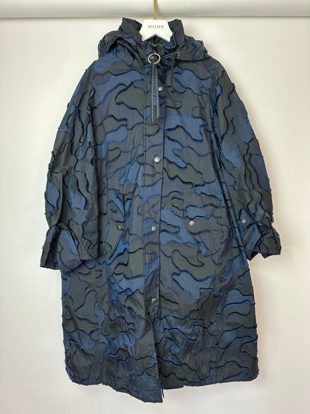 Christian Dior Navy & Black Camouflage Jacquard Long Sleeve Parka with Foldable Hood Size FR 34 (UK 6)