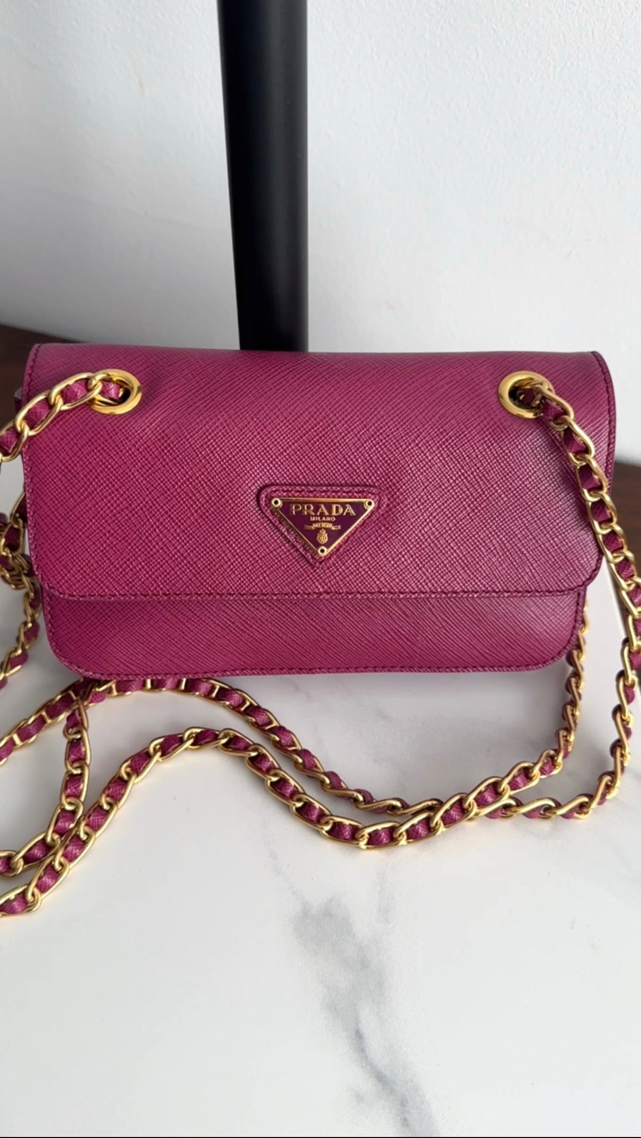 Prada Magenta Saffiano Leather Mini Chain Crossbody Bag