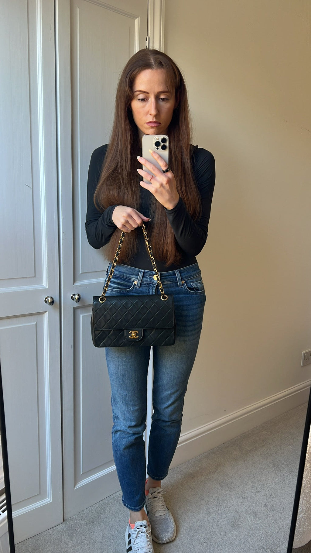 Chanel Vintage Quilted Straight Double Flap in Black Lambskin with 24k Hardware