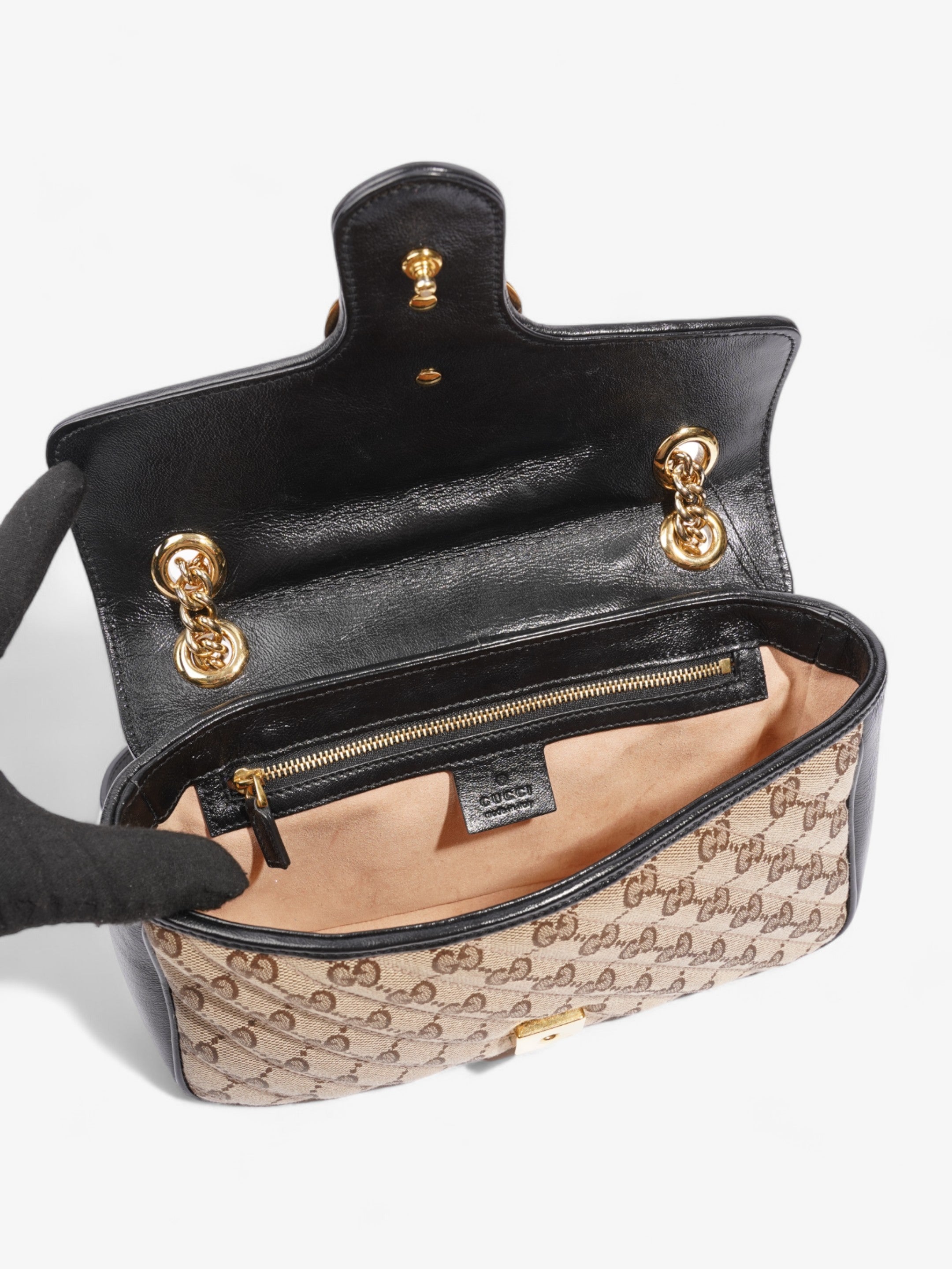 Gucci Marmont Flap Beige And Ebony GG Supreme / Black Canvas Small