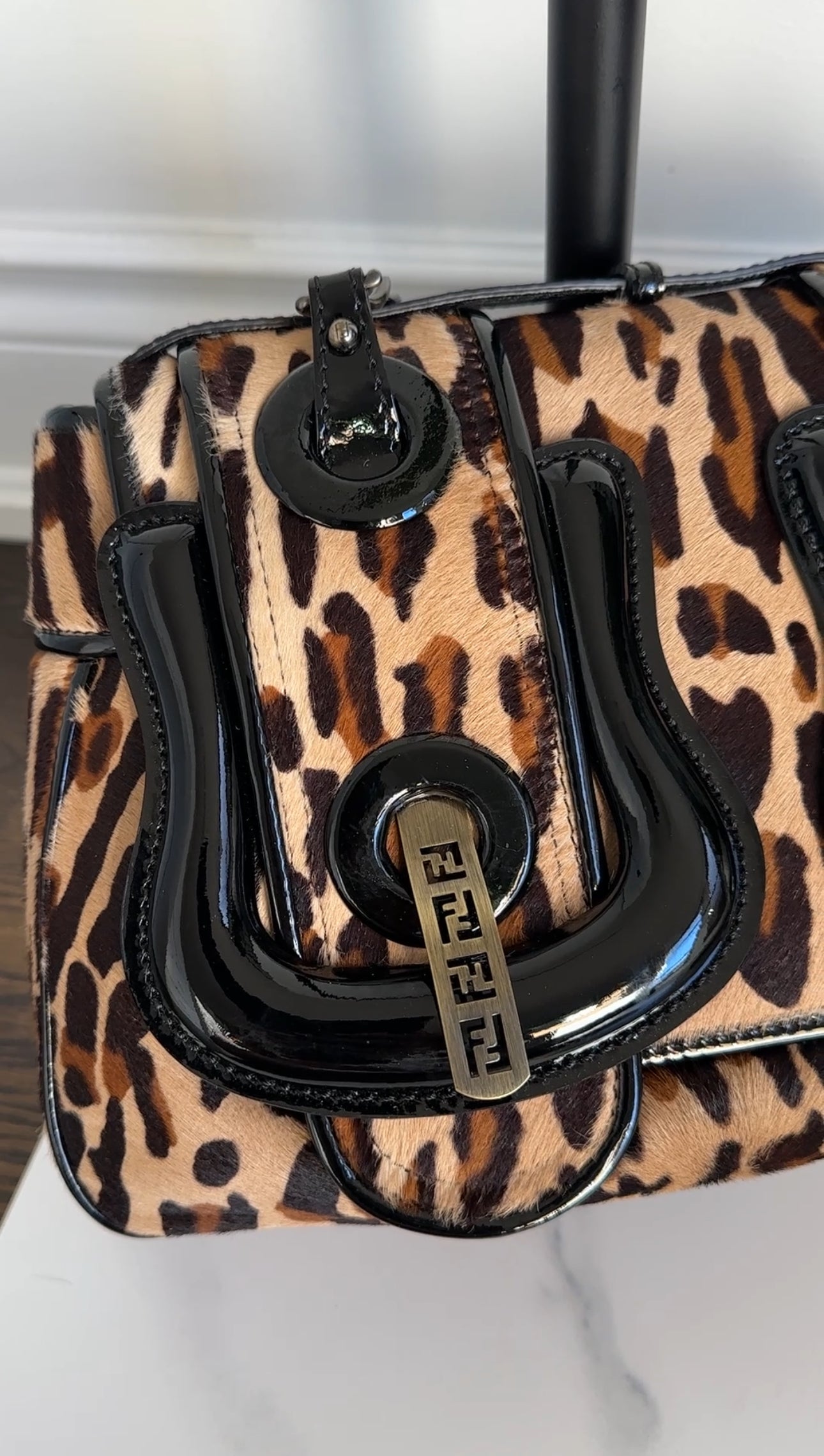 Fendi Vintage 2006 Leopard Print Pony Hair Patent B Bag