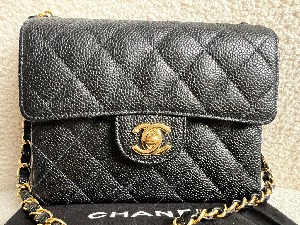 Chanel Square Mini Classic Flap in Black Caviar with gold hardware