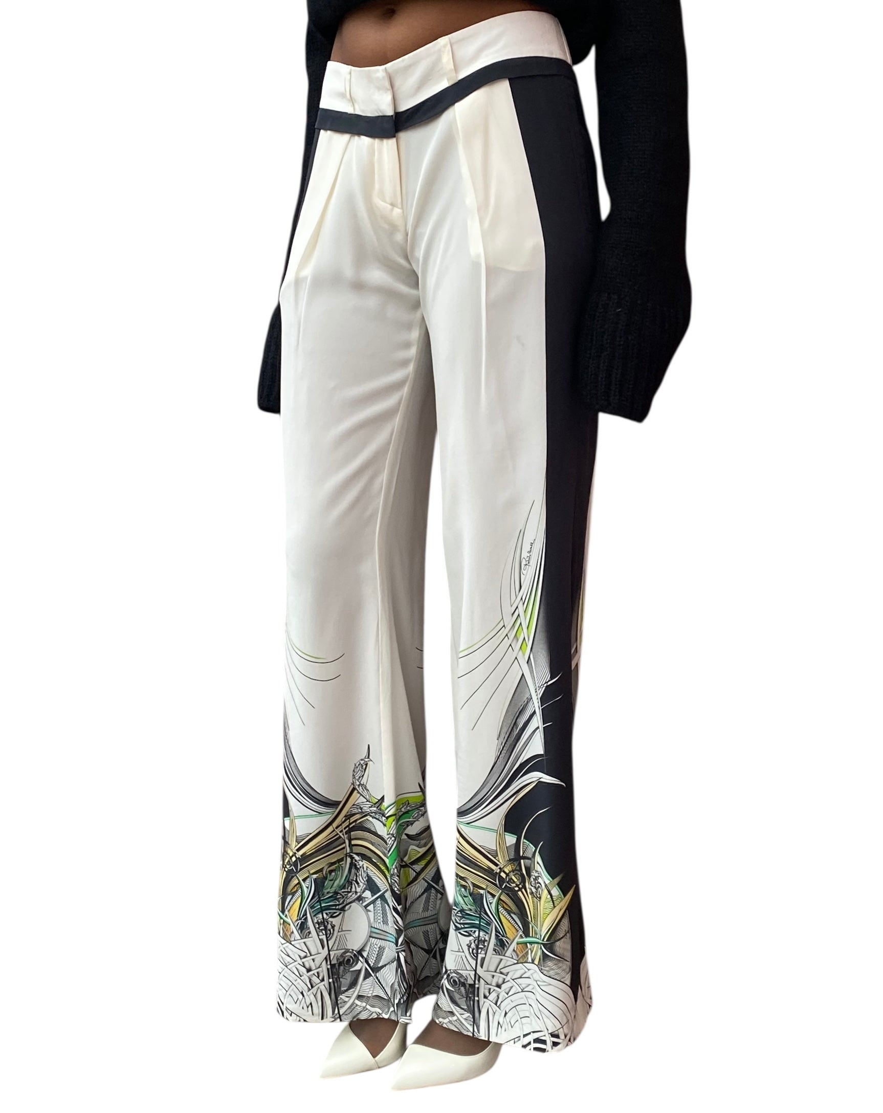 Roberto Cavalli Cream Silk Printed Trousers - 38 / US 0