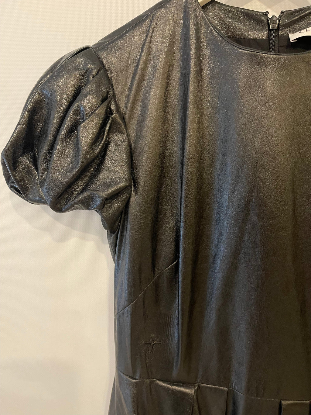 Christian Dior Black Leather Mini Short Sleeve Dress with CD Logo Detail Size FR 38 (UK 10)