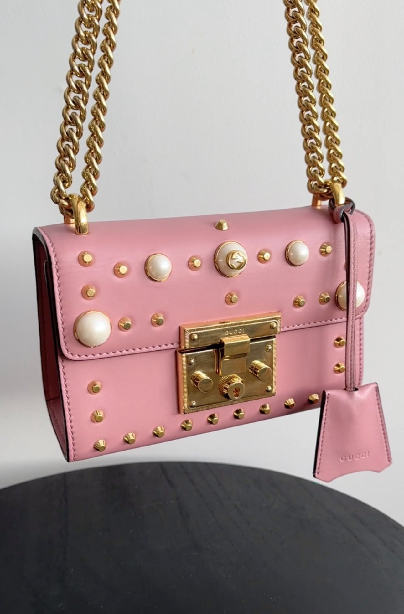 Gucci Small Quartz Pink Pearly Padlock Chain Bag