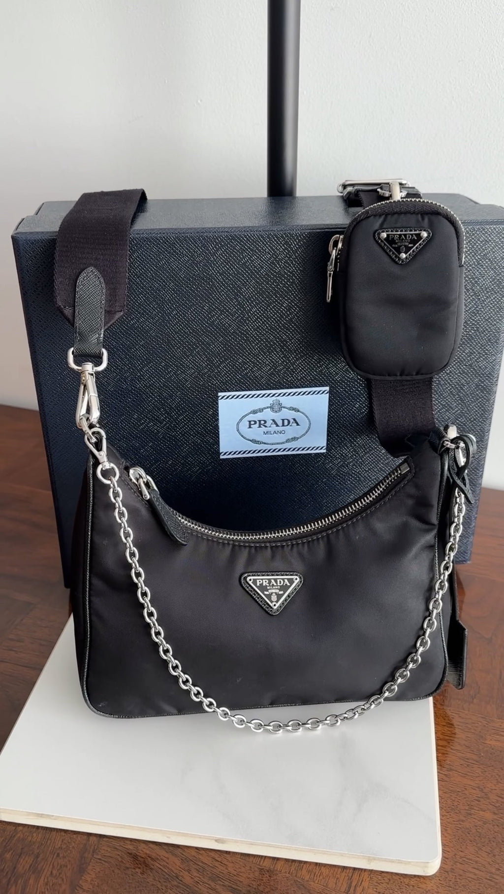 Prada Black Nylon Re-Edition 2005 Two-Way Shoulder Bag with Pouch