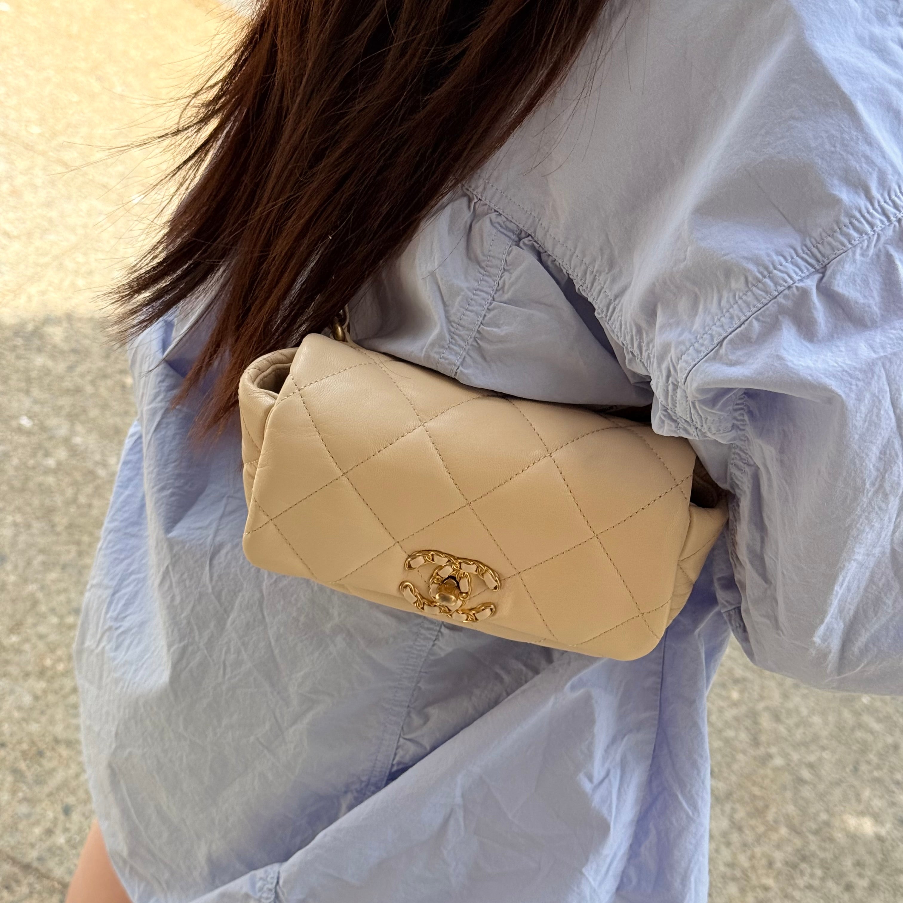 Chanel Light Beige Lambskin Quilted Waist 19 Bag