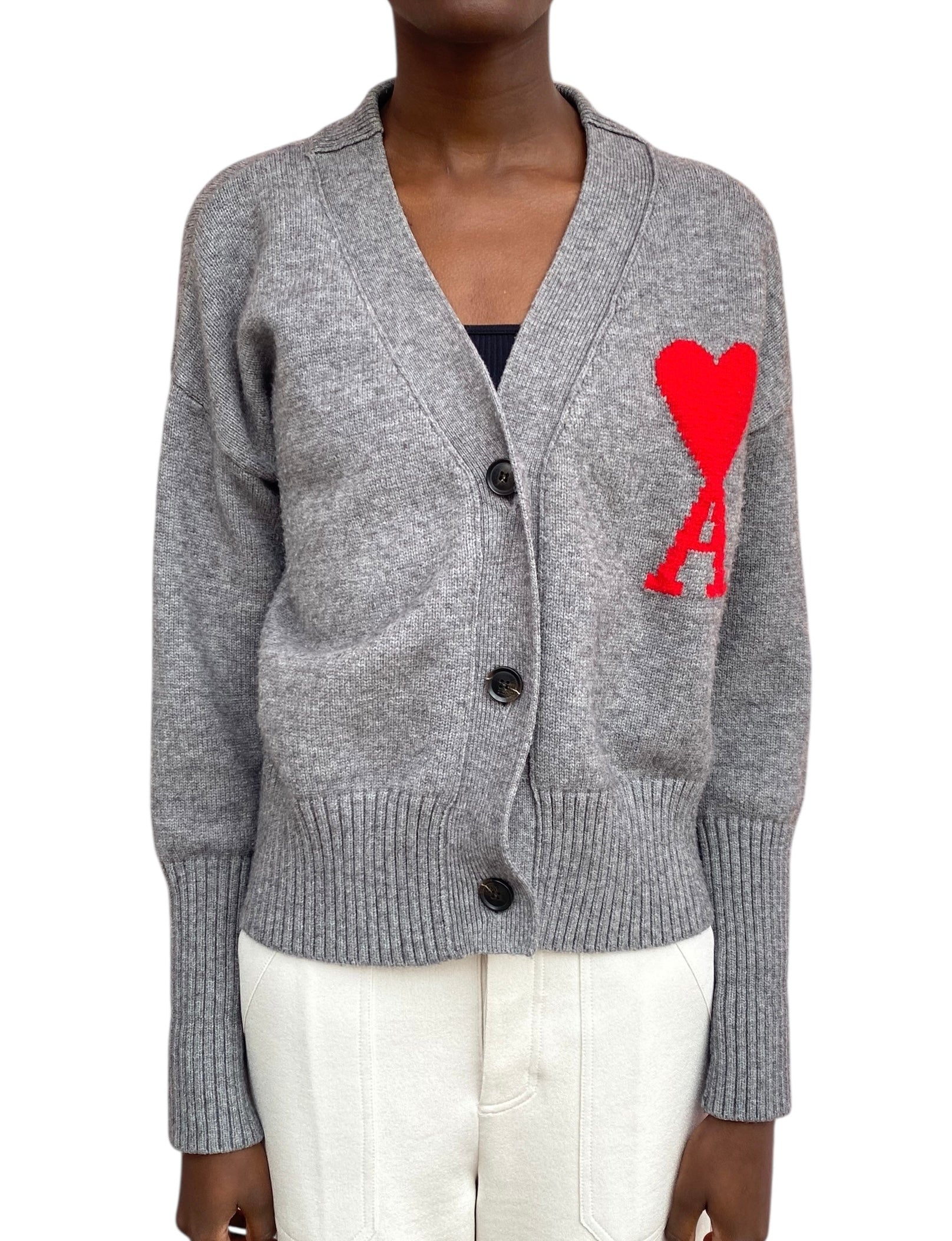 Ami Paris Grey Wool Knit Logo igan - M / US 6