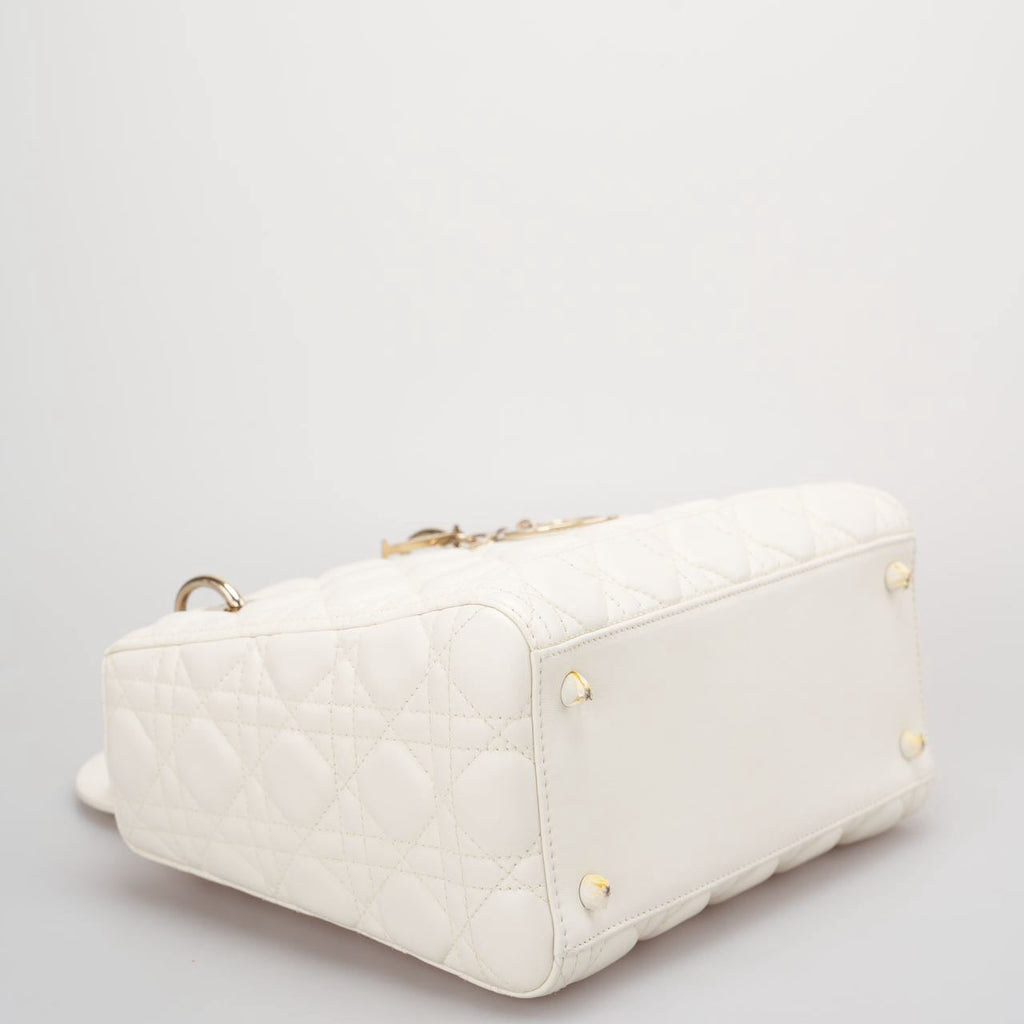 Christian Dior White Medium Lady Dior Bag in Cannage Lambskin Leather with Gold Hardware