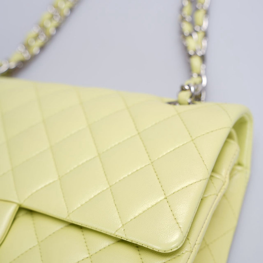 Chanel Medium Classic Double Flap Bag In Pastel Butter Yellow Color With Silver Hardware
