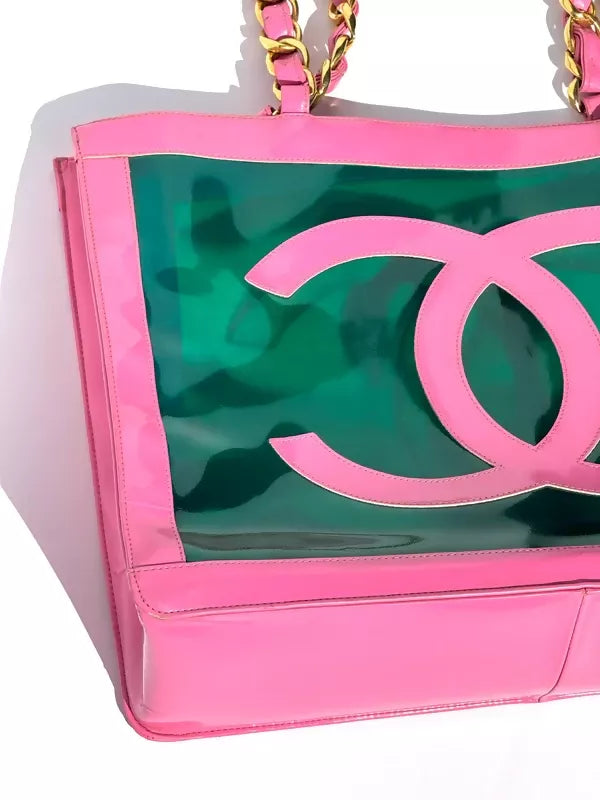 Chanel 1995 Vintage Barbie Pink Patent PVC Chunky Chain Tote Bag