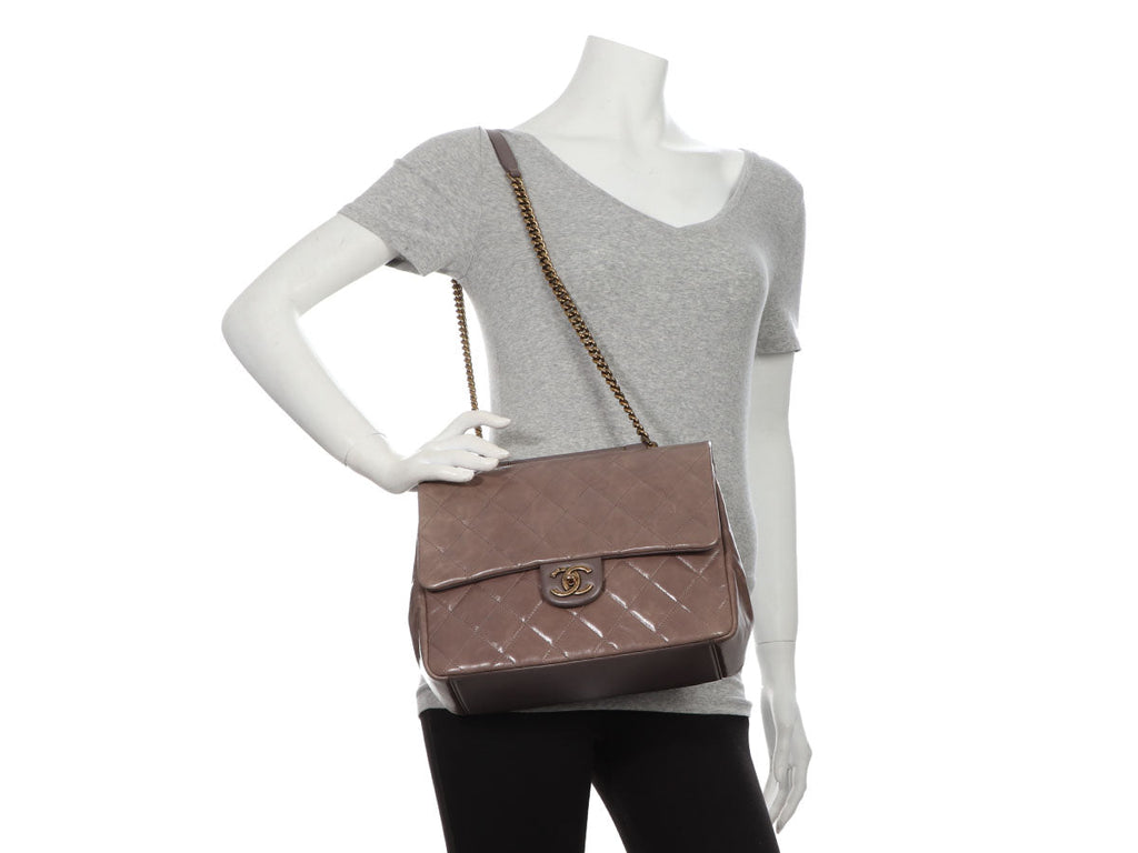 Chanel Medium Dark Gray Part-Quilted Caviar Gold Bar Top Handle Flap