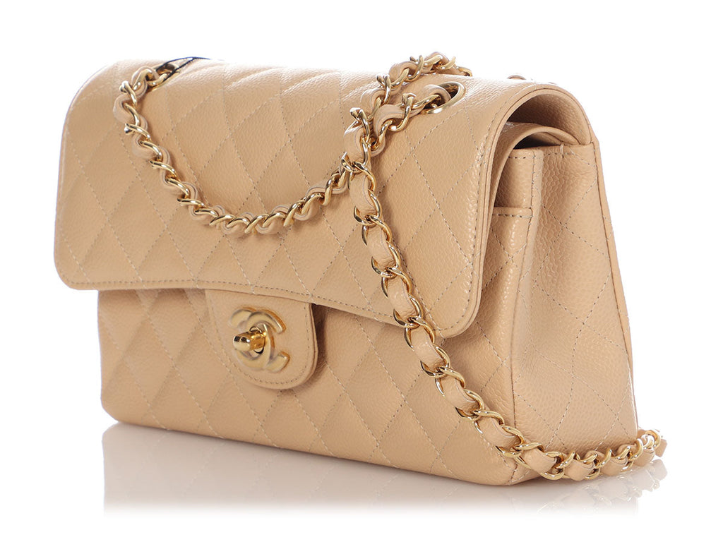 Chanel Small Beige Claire Quilted Caviar Classic Double Flap