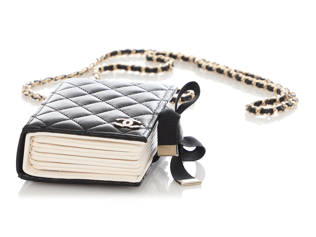 Chanel Black Part-Quilted Lambskin Book  Holder With Chain