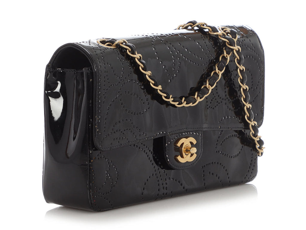 Chanel Vintage Black Perforated Patent Camellia Flap