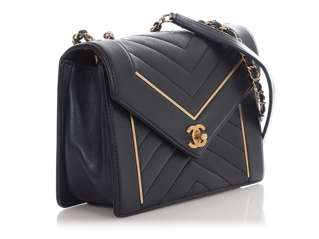 Chanel Navy Calfskin Reversed Chevron Envelope Flap Bag