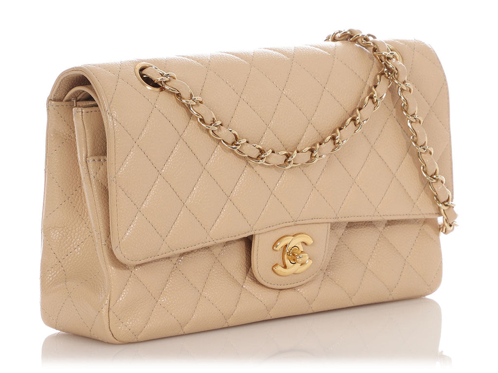 Chanel Medium/Large Light Beige Quilted Caviar Classic Double Flap