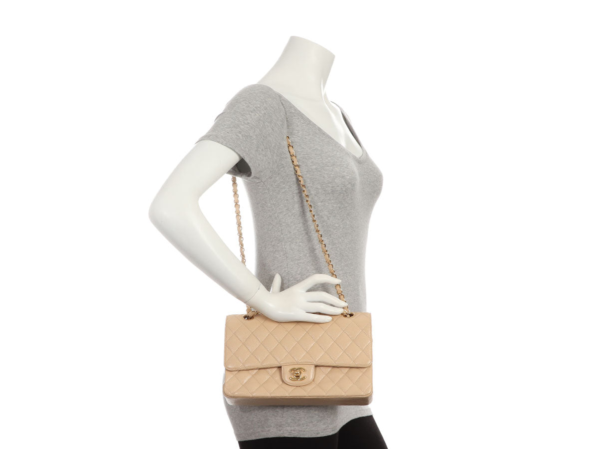 Chanel Medium/Large Light Beige Quilted Caviar Classic Double Flap