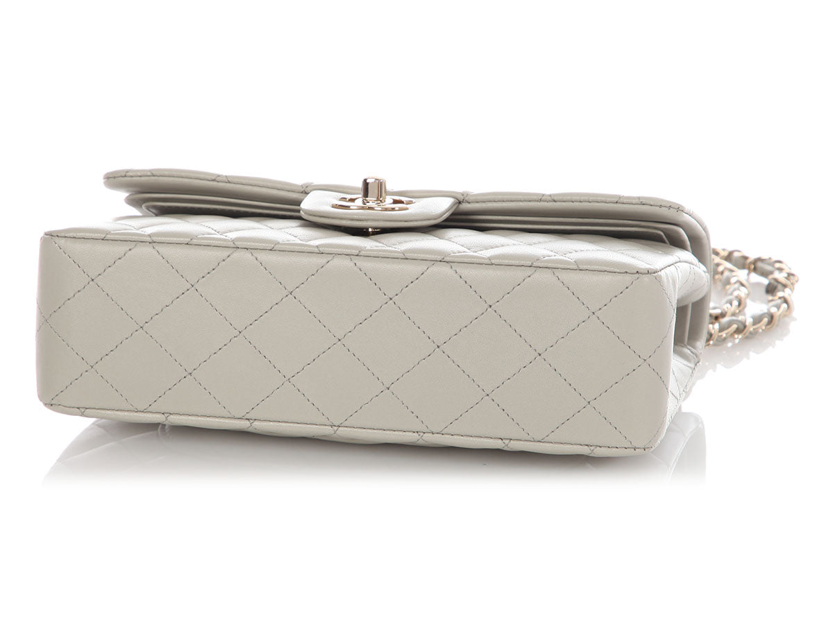 Chanel Small Light Gray Quilted Lambskin Double Flap Classic