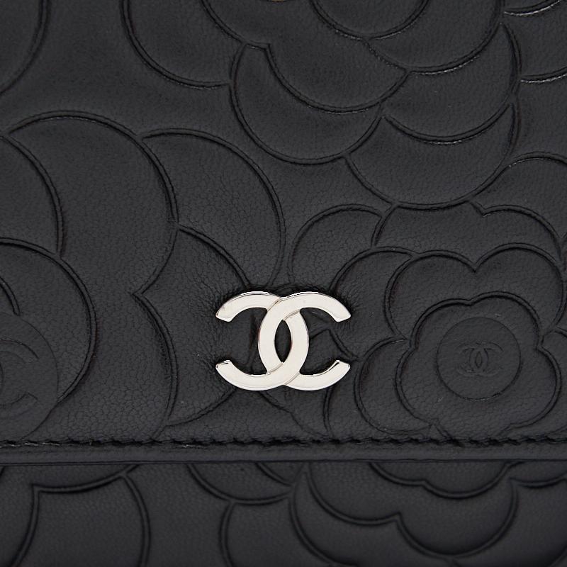 Chanel Black Embossed Camellia  Lambskin Leather Small Shoulder Bag