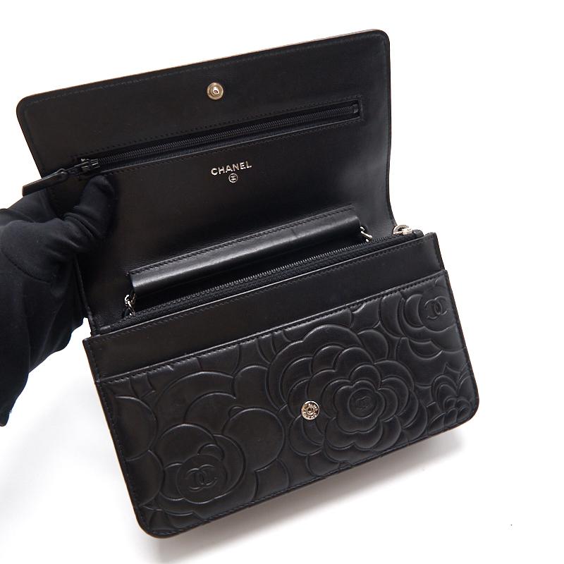 Chanel Black Embossed Camellia  Lambskin Leather Small Shoulder Bag